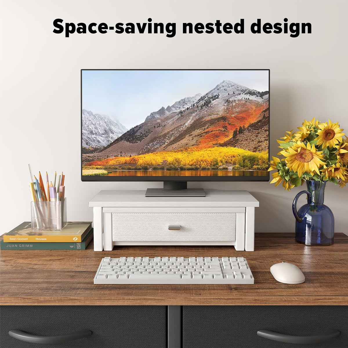 Dual Monitor Stand Riser with Drawers, Desk Organizers for 2 Monitors, Desktop Storage Stand for Computer, Laptop, White