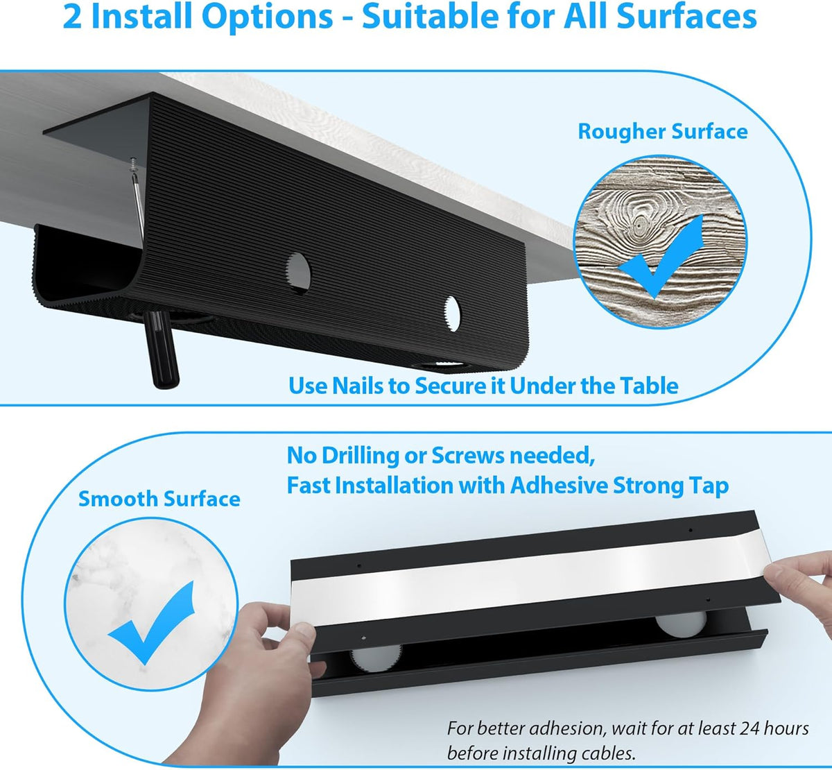 2 Pack Large Capacity Cable Management Tray 31.5in (2xL15.7in), Thick PVC Under Desk Cable Tray Kit with 4 Cable Clips & 5 Ties, Standing Cord Management Desk Organizer for Office or Home, Black