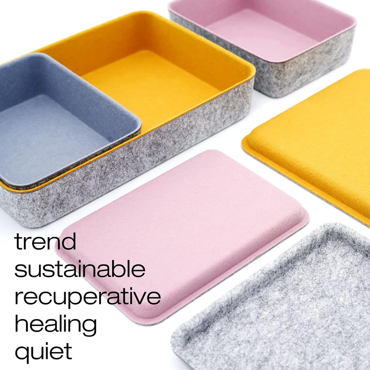 Lidded Felt Drawer Organizer Bin with lids Desktop Stackable Organizer Storage box for crafts office supplies pen notes Junk Makeup Stationery Organize 3-Pack (Curry+Dusty rose +Glacier gray)