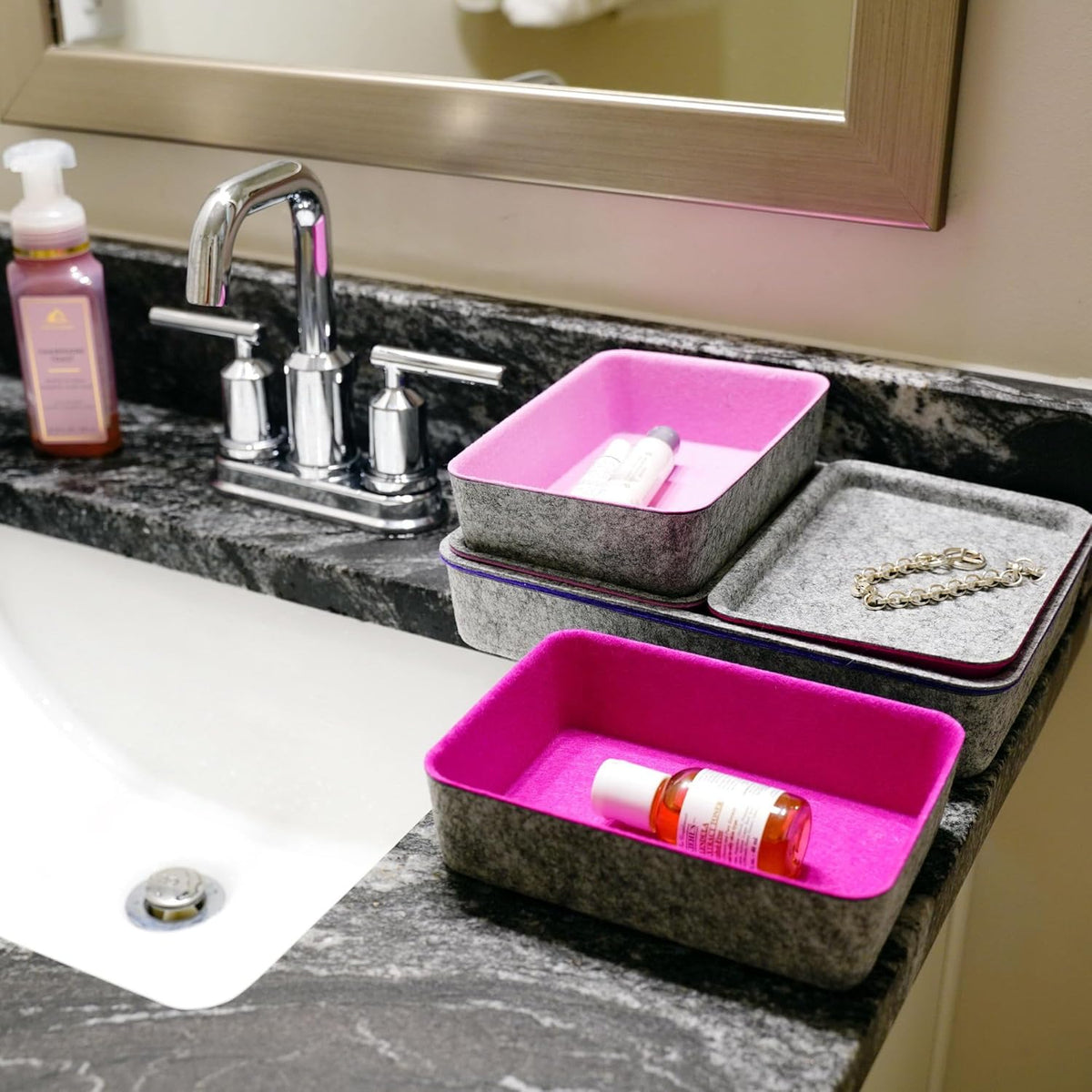Lidded Felt Drawer Organizer Trays with lids Desktop Organizer Bins Storage box for crafts office supplies pen Junk Makeup Stationery Organize 3-Pack ( light pink + hot pink + purple)