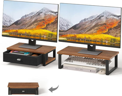 Dual Monitor Stand Riser with Drawers, Desk Organizers for 2 Monitors, Desktop Storage Stand for Computer, Laptop, Walnut
