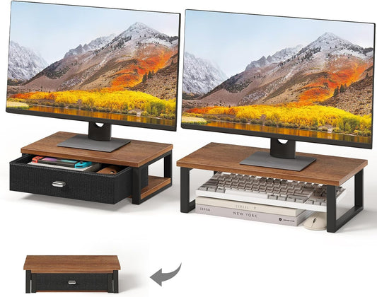Dual Monitor Stand Riser with Drawers, Desk Organizers for 2 Monitors, Desktop Storage Stand for Computer, Laptop, Walnut