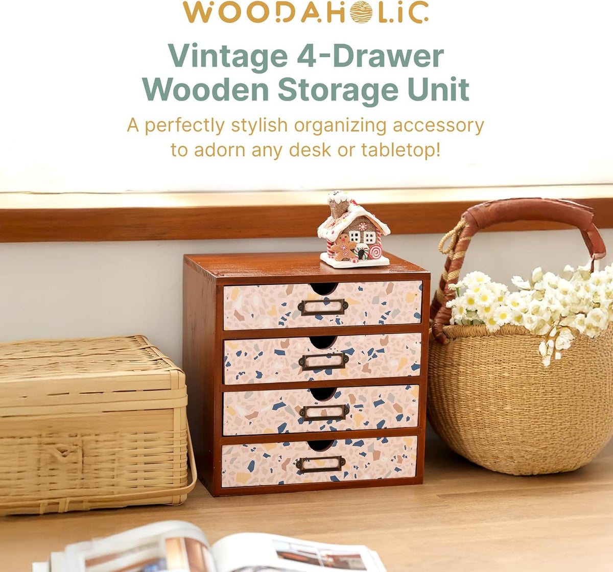 Terrazzo Pattern Wooden Desk Organizer - 4-Drawer Desktop Storage - Modern & Rustic Wood Cabinet for Office Supplies, Craft Tools, & Home Organization - Cute Drawer Unit
