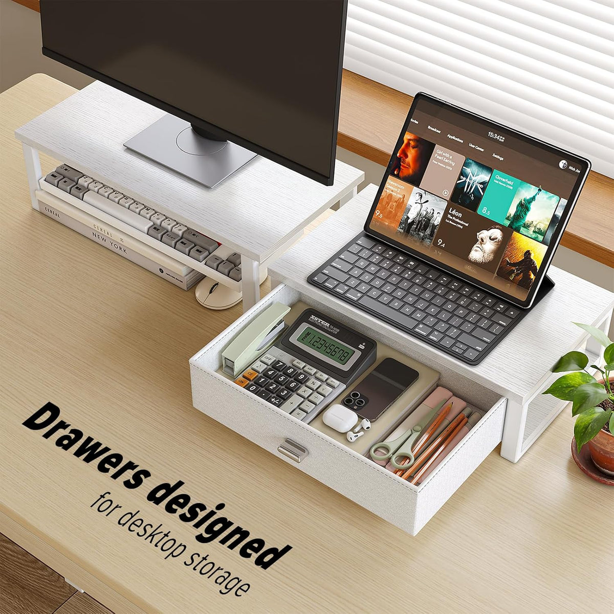 Dual Monitor Stand Riser with Drawers, Desk Organizers for 2 Monitors, Desktop Storage Stand for Computer, Laptop, White