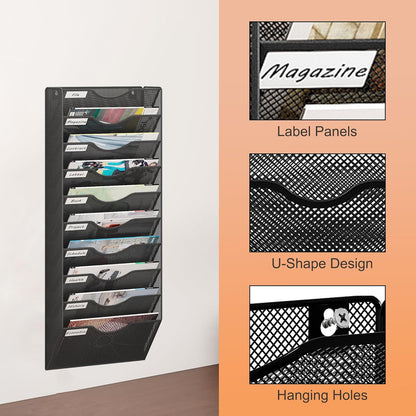 10 Tier Hanging Wall File Holder, Metal A4 Wall Mounted Document Holder, Vertical Hanging Mail Organiser, Magazine Storage Rack with Tray for Office Home Classroom, Black