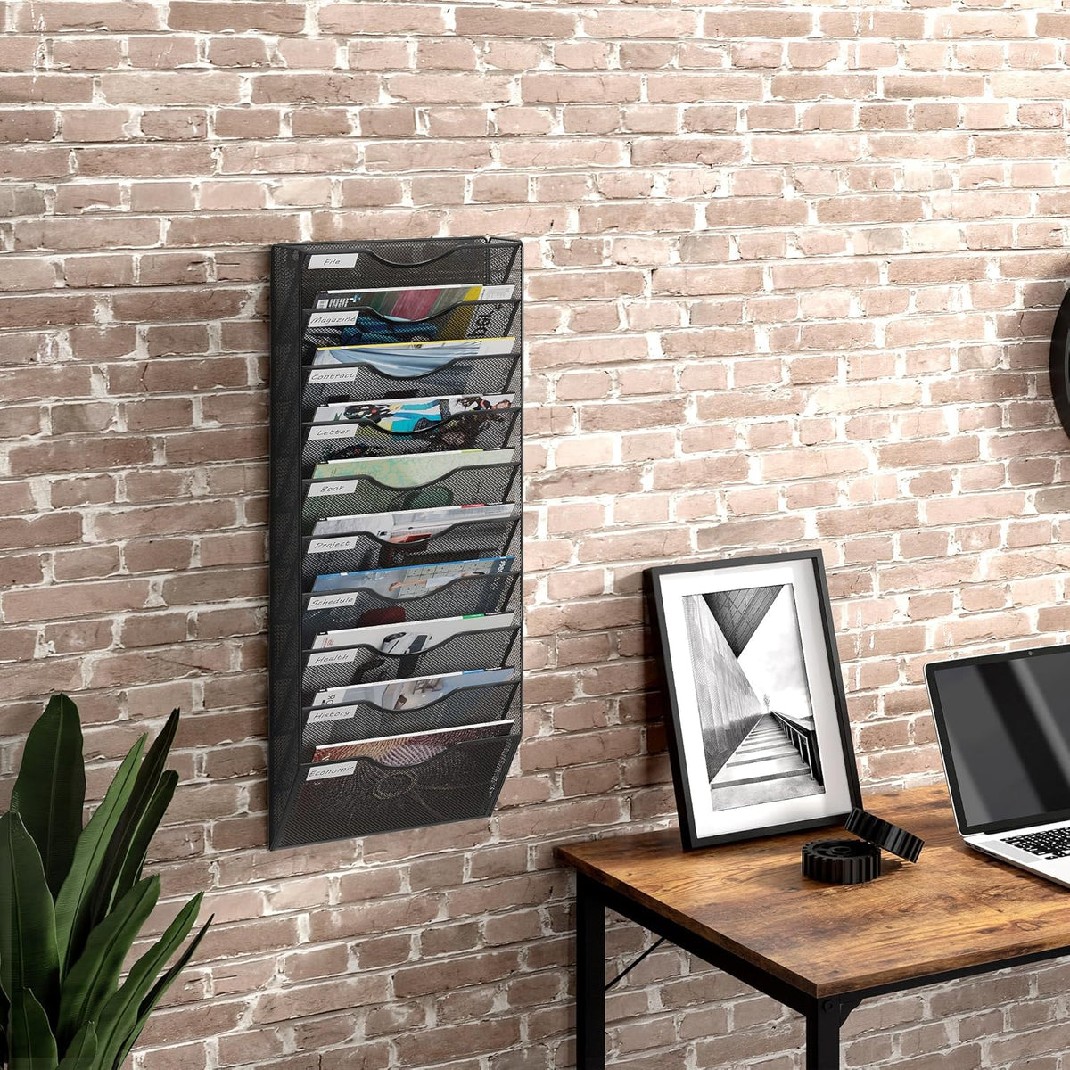 10 Tier Hanging Wall File Holder, Metal A4 Wall Mounted Document Holder, Vertical Hanging Mail Organiser, Magazine Storage Rack with Tray for Office Home Classroom, Black