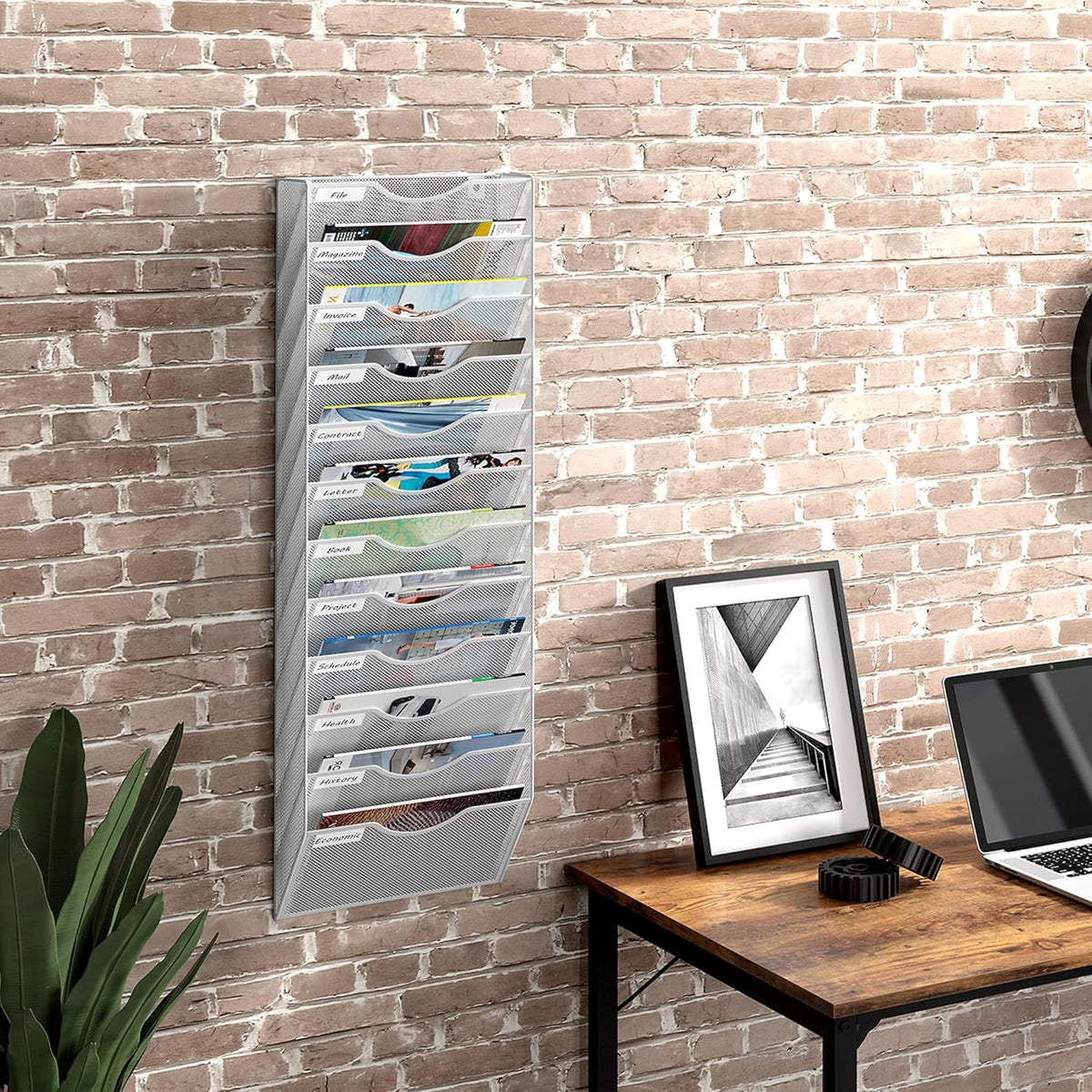 12 Tier Hanging Wall File Holder, Metal A4 Wall Mounted Document Holder, Vertical Hanging Mail Organizer, Magazine Storage Rack for Office Home Classroom, White