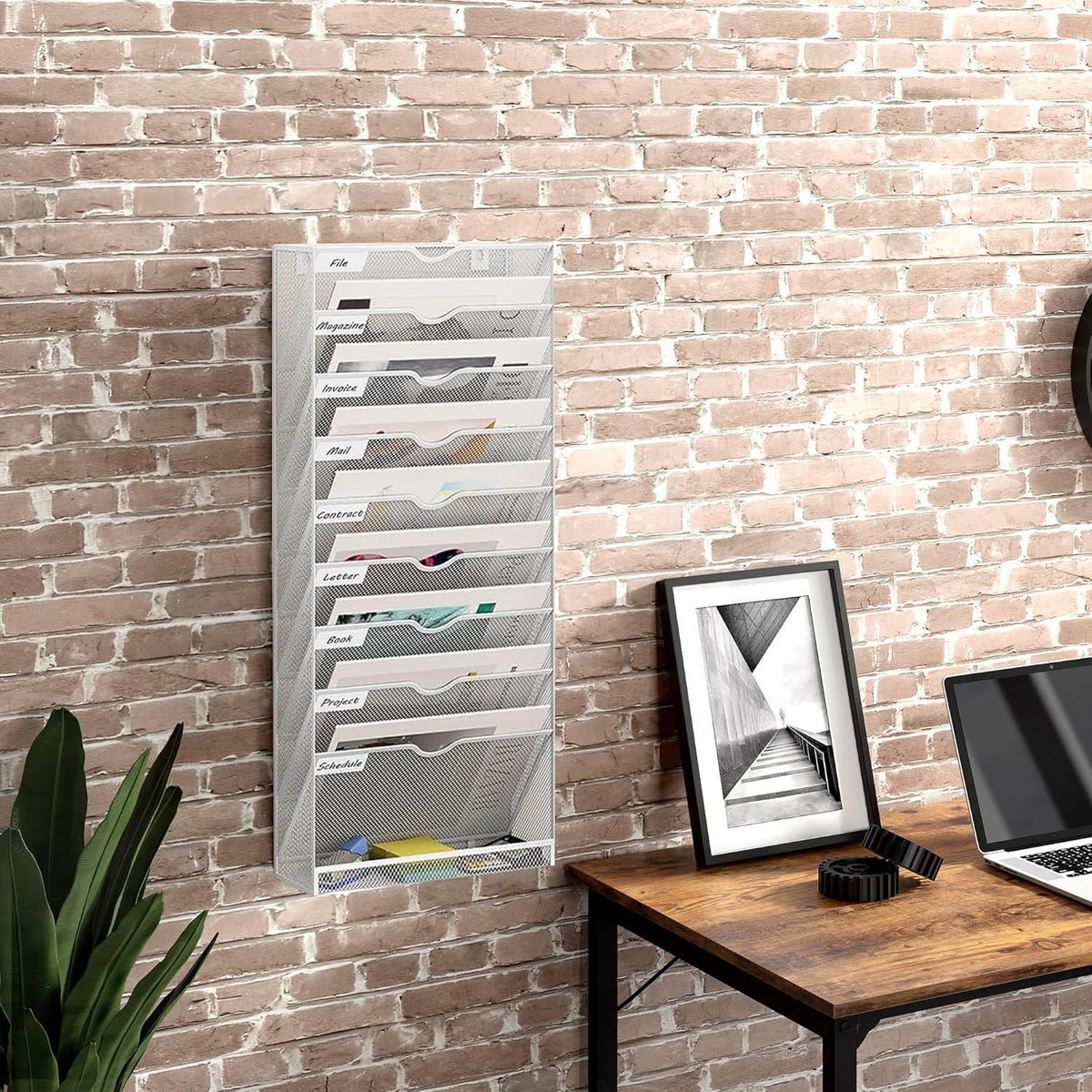 10 Tier Hanging Wall File Holder, Metal A4 Wall Mounted Document Holder, Vertical Hanging Mail Organizer, Magazine Storage Rack with Tray for Office Home Classroom, White
