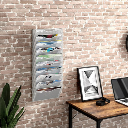 10 Tier Hanging Wall File Holder, Metal A4 Wall Mounted Document Holder, Vertical Hanging Mail Organizer, Magazine Storage Rack with Tray for Office Home Classroom, White