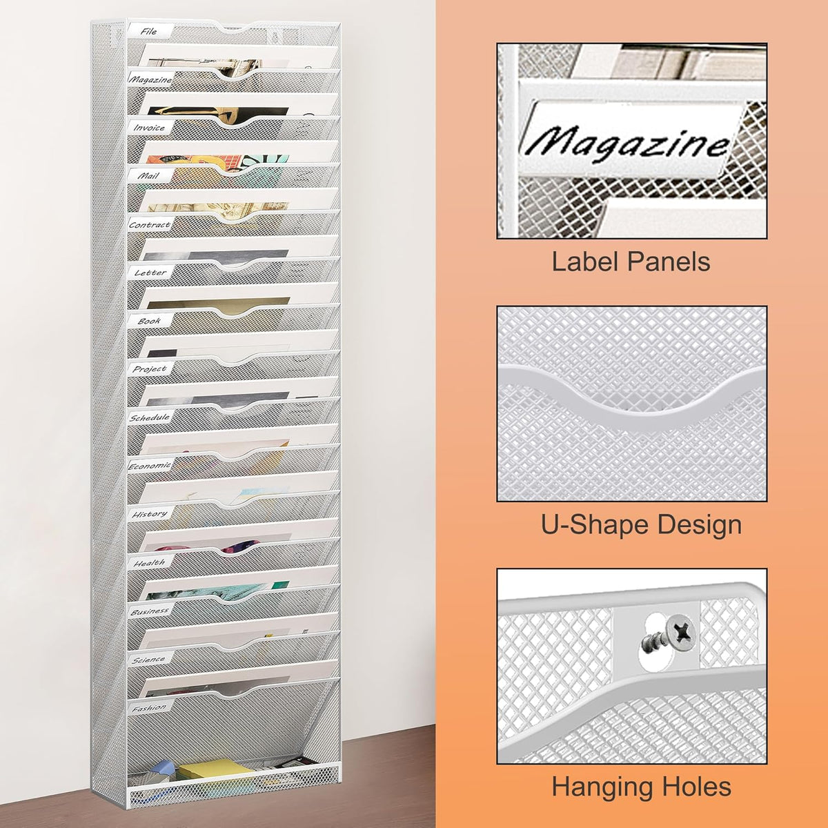 16 Tier Hanging Wall File Holder, Metal A4 Wall Mounted Document Holder, Vertical Hanging Mail Organizer, Magazine Storage Rack with Tray for Office Home Classroom, White