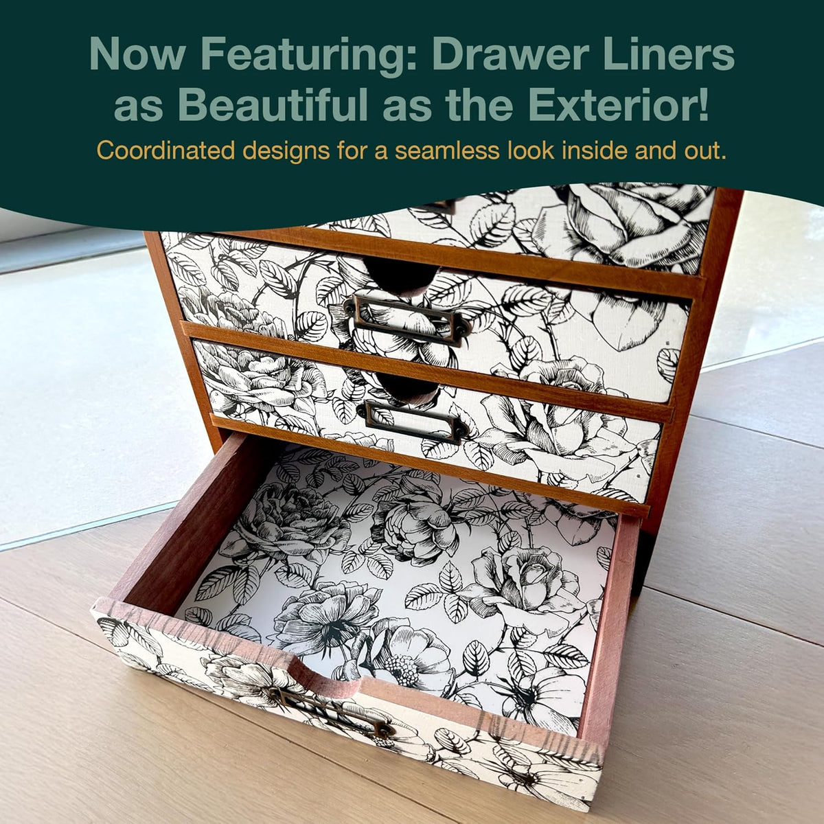 Vintage Desk Organizer with 4 Black & White Floral Drawers - Wooden Storage Shelf Drawer for Tabletop - Wood Desktop Organizing Box Cabinet - Black & White Monochrome Botanical Botanical Floral Pattern