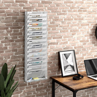 16 Tier Hanging Wall File Holder, Metal A4 Wall Mounted Document Holder, Vertical Hanging Mail Organizer, Magazine Storage Rack with Tray for Office Home Classroom, White